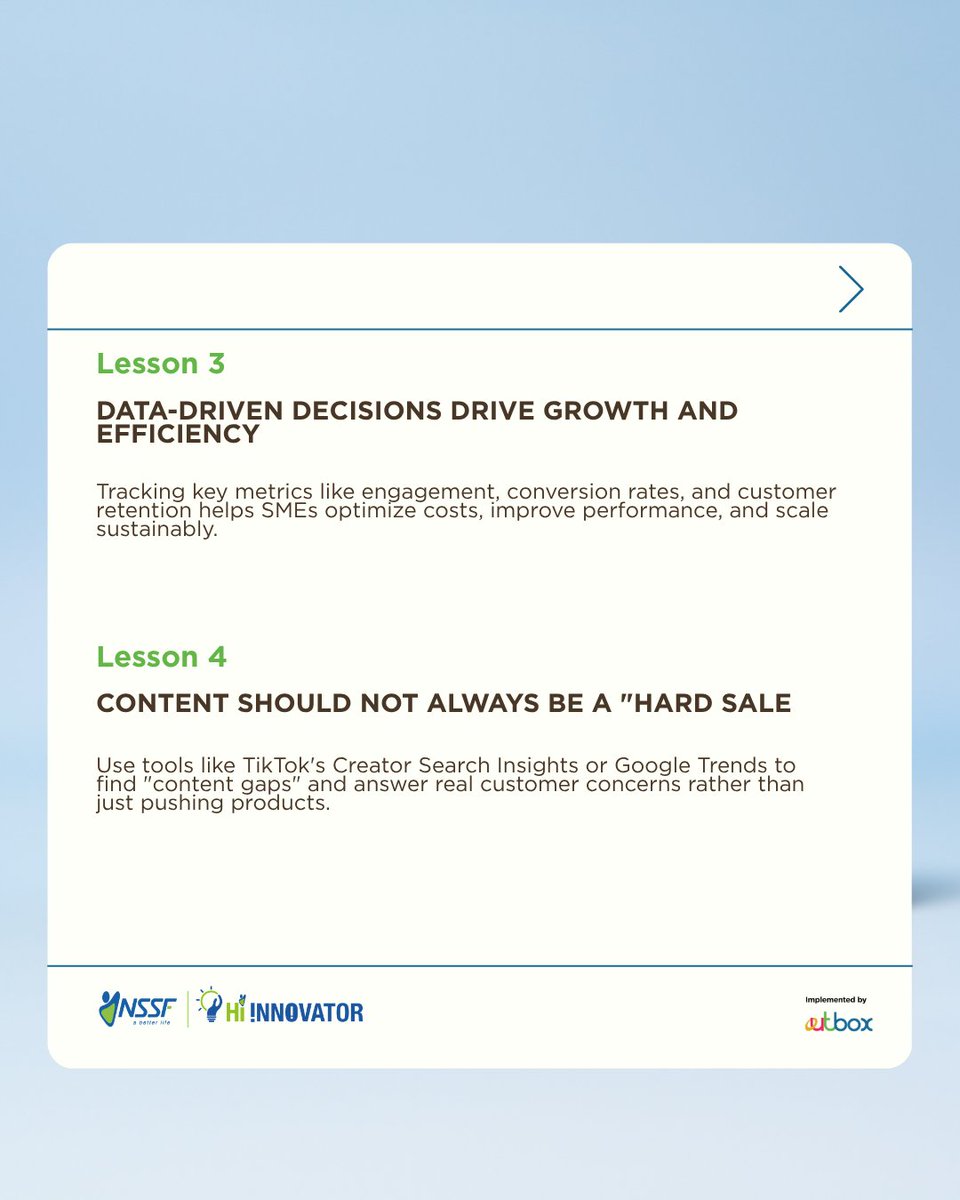 OutboxHub's tweet photo. #NSSFHiInnovator: Missed the masterclass? We’ve got you covered.

Last week, we unpacked how to turn social media into a real growth tool. From understanding your customers to using data that drives results.

Here are the key highlights 👇

Be sure to join us for the next masterclass, you won’t want to miss it.

#EnablingEntrepreneurs