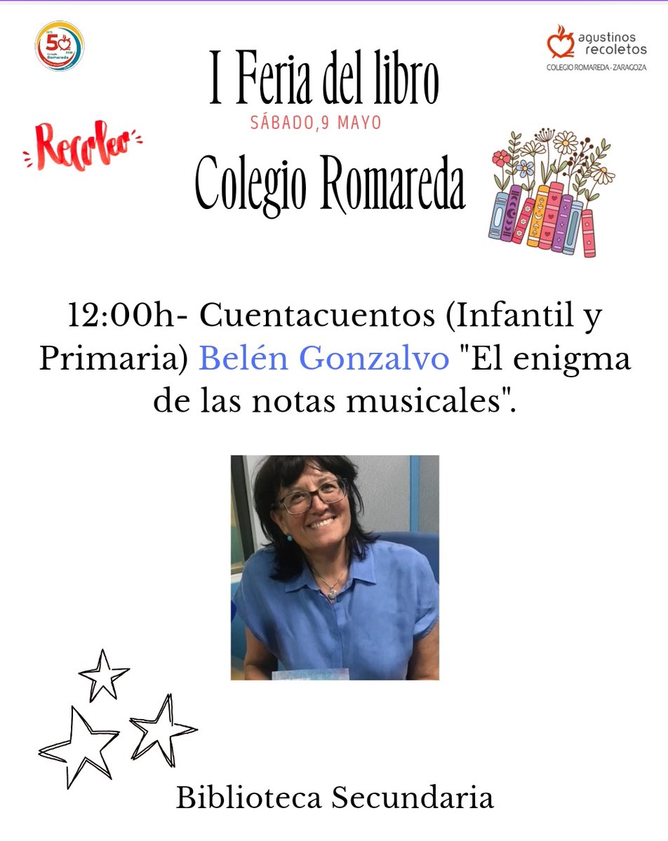 📣ᔕI ᖴEᖇIᗩ ᗪEᒪ ᒪIᗷᖇOᔕ📣
𝑵𝒐𝒗𝒆𝒅𝒂𝒅:

📚I Feria del libro #colegioRomareda de Zaragoza.
Sábado 9 de mayo de 10:39 h a 14:00 h.

✒️Talleres, encuentros y firmas con autores #aragoneses.
¡No te lo puedes perder!

📖🖌️🗣️
#libro #libros #feria #FeriadelLibrodeZARAGOZA