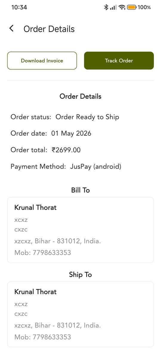 KRUNALTHORAT's tweet photo. Ordered from Kapiva on 1 May for Mumbai delivery, but order wrongly shipped to Bihar with incorrect name/address. Now delivery agent asking OTP without delivery! No support from customer care. Need urgent action or refund. @kapiva_official #ConsumerRights #OnlineFraud https://t.co/pnbyAdzpX4