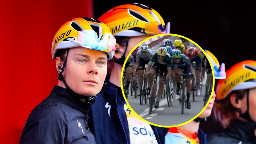 BikeBlz's tweet photo. "F* SRAM!" 

Lotte Kopecky rebaixada para o 36º lugar e recebe cartão amarelo após colisão no sprint da Vuelta. 

"Eu estava prestes a subir uma marcha, mas com um sistema SRAM, se você pressionar os dois botões ao mesmo tempo, você vai para o menor coroamento da corrente" https://t.co/zeYbZStE64