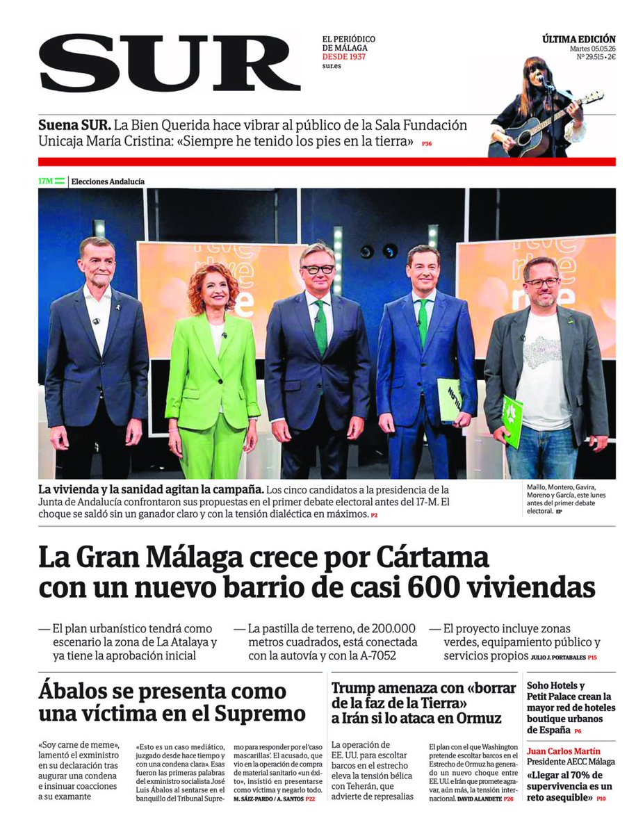 DiarioSUR's tweet image. 📰 Buenos días. Hoy, #portadaSUR destaca el crecimiento de la Gran #Málaga por #Cártama, con un nuevo barrio de casi 600 viviendas. Además, la vivienda y la sanidad agitan la campaña electoral en #Andalucía portadas.diariosur.es/2026/05/05.htm…