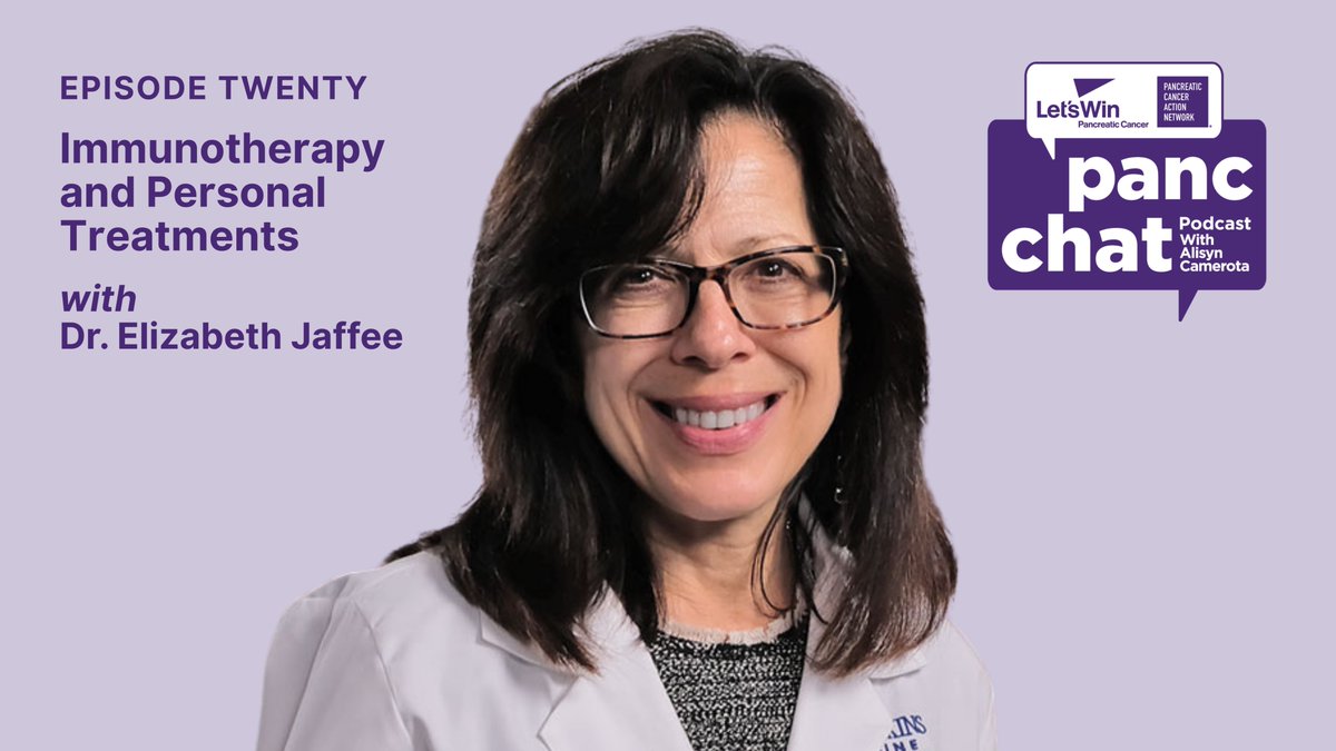 PanCAN's tweet photo. In episode twenty of PancChat, host @AlisynCamerota speaks with @DrLizJaffeeabout the latest advances in #pancreaticcancer research. Dr. Jaffee explores why pancreatic cancer has historically resisted immunotherapy, the promise of cancer vaccines and the emergence of KRAS inhibitors as a new class of targeted therapies — and shares why, after 30 years in the field, she is more optimistic than ever. 💜 

Listen on demand at 🔗 https://t.co/ckUfsfCaT0 

PancChat is a collaboration between @LetsWinPC and @PanCAN.
