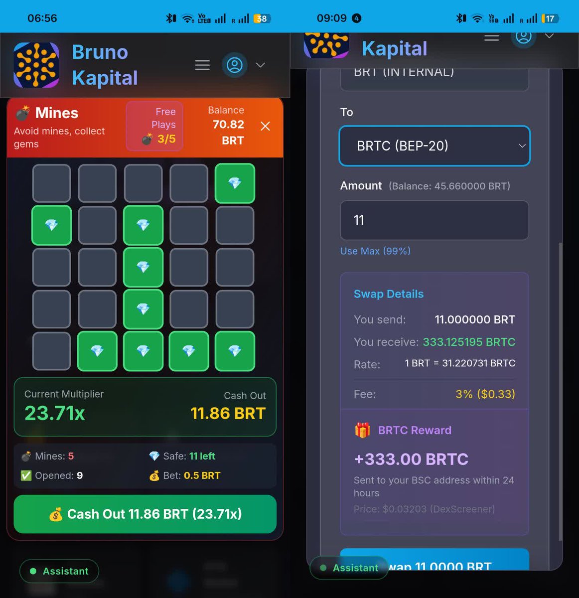 token_brun35000's tweet photo. Play daily free games in Mines & Scratch 
Earn BRT → Swap straight to BRTC in the app.
Lifetime membership from just $5. Choose your level for more daily free tries.
BRTC +15,800% since launch. Fixed 21M supply. On-chain verifiable growth.
Join our Telegram: https://t.co/I7dtSwN09m