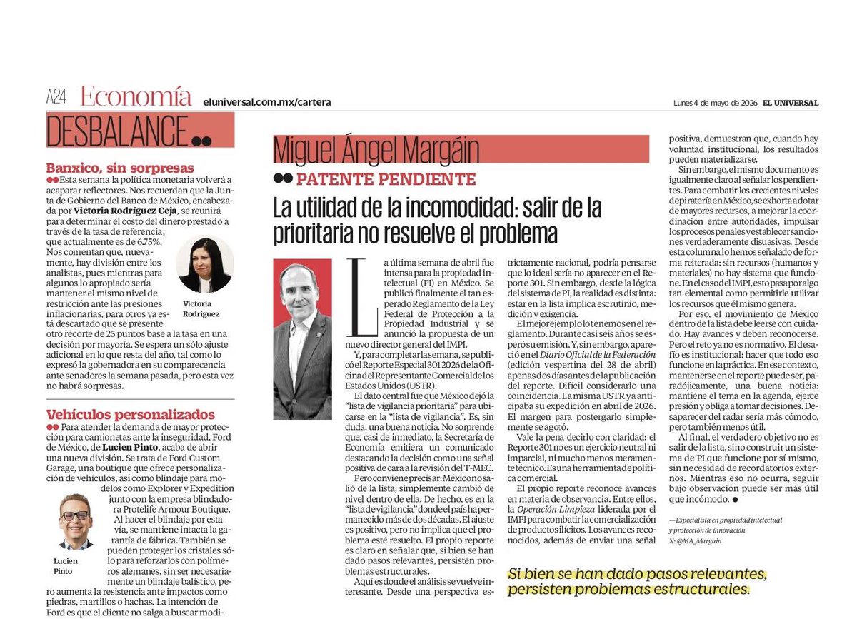 MA_Margain's tweet photo. .#México sale de la “Lista Vigilancia Prioritaria” pero no del problema. Seguiremos siendo observados. La @USTradeRep en su #Reporte301 reconoce avances pero insiste: sin recursos no hay sistema de #PropiedadIntelectual que funcione. Mi artículo en @El_Universal_Mx  @Univ_Opinion https://t.co/8EFp1FWyK9