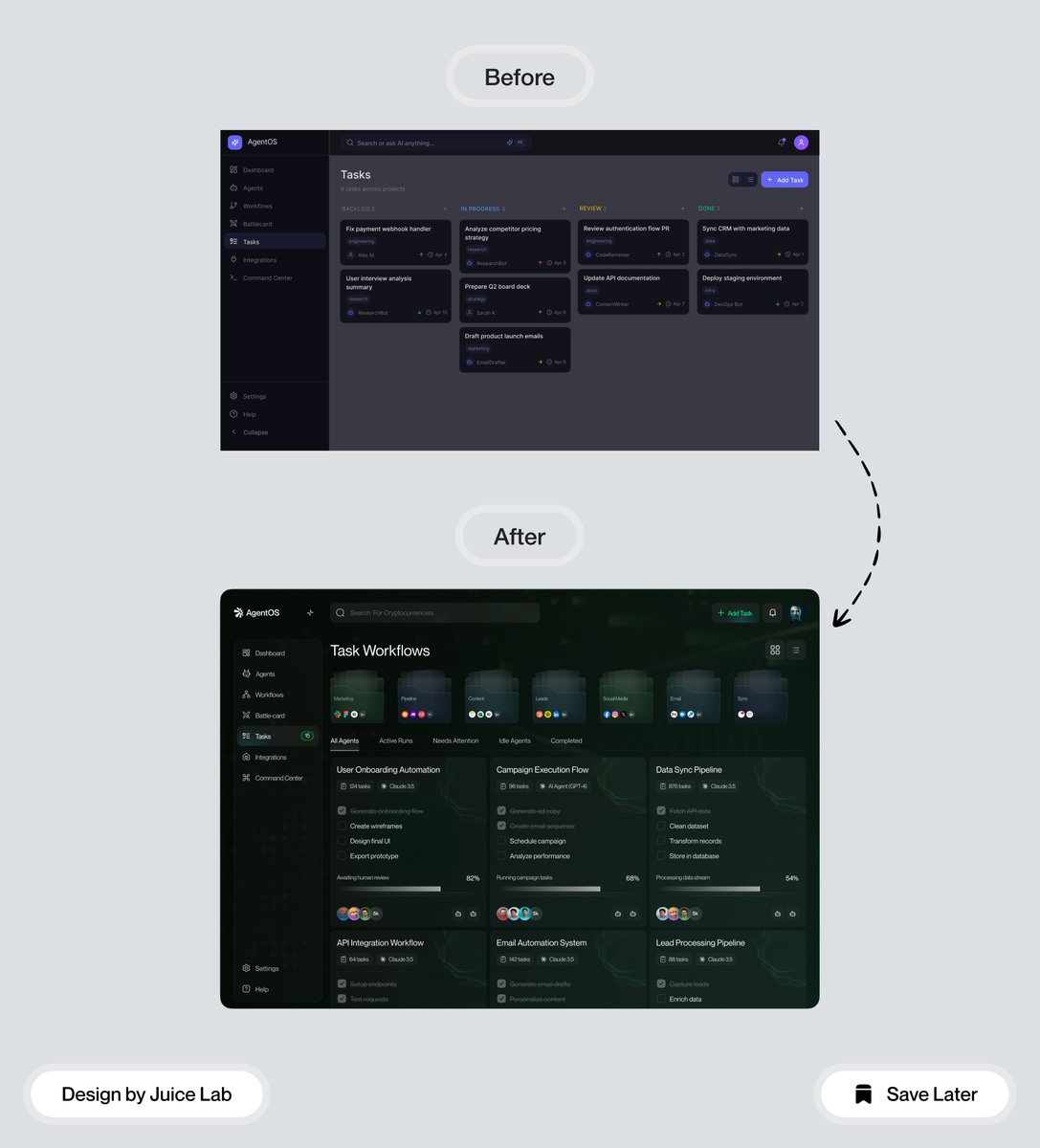 Juice_LabAKM's tweet image. Before vs After 😍

Turning a static task board
into a dynamic workflow experience.
Which one feels more usable? 👇

#UIUX #ProductDesign #DesignTwitter #UXDesign #UIDesign #BeforeAfter #DashboardUI #SaaSDesign #DesignInspiration #UXCaseStudy #DesignSystem #StartupDesign