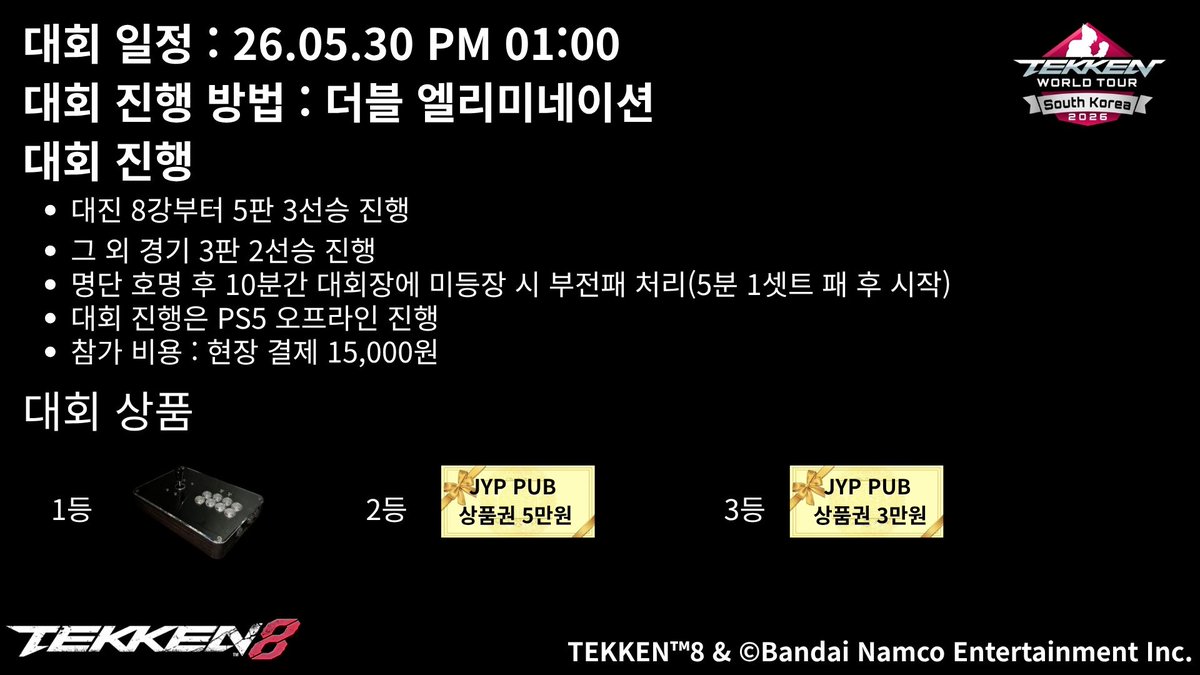056i4mtXgCpkcFj's tweet photo. RAYBOLT TWT DOJO tournament 개최

장소 : 인천 주안 JYP PUB
시간 : 26.05.30 오후 1시
참가비 :  현장 결제 15,000원
대회 진행 방법 :  더블 엘리미네이션 
대회 진행
 - TOP8 부터 5판3선승 그 외 3판 2선승

신청
https://t.co/4liSSnayAW

#twt2026 #tekken8 #twtdojo https://t.co/xPlkgKsfIG