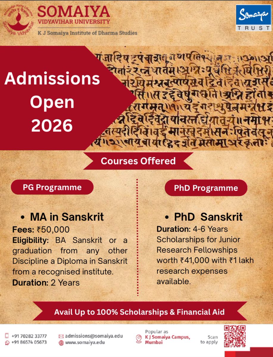 dharmastudies's tweet photo. Admissions Open 2026

Join the K J Somaiya Institute of Dharma Studies and explore the depth of Sanskrit learning.

Up to 100% Scholarships &amp; Financial Aid

Apply now and be part of a rich intellectual tradition. https://t.co/UhWKumY9il