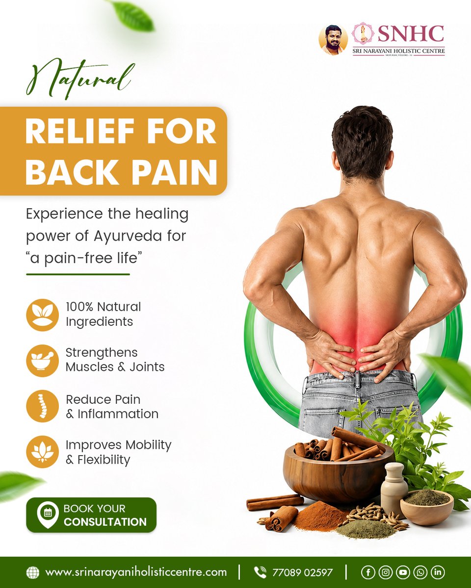 sri_holistic's tweet image. Relieve back pain the natural way 🌿
Experience the healing power of Ayurveda for a pain-free life.
✔️ 100% Natural
✔️ Strengthens muscles &amp;amp; joints
✔️ Reduces pain &amp;amp; inflammation
✔️ Improves mobility
📞 77089 02597
🌐 srinayaraniholisticcentre.com
#BackPainRelief #Ayurveda