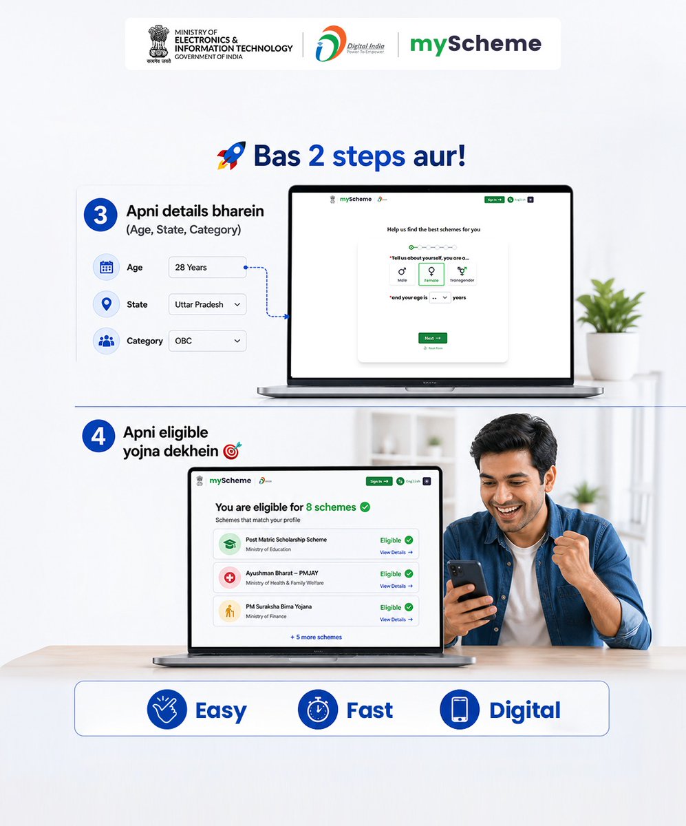 GoI_MeitY's tweet image. 🔍 Stop searching everywhere for government schemes!
💻 Find all schemes in one place with myScheme.
📲 Just a few steps to discover what you’re eligible for.
👉 myscheme.gov.in
@myscheme_gov #DigitalIndia