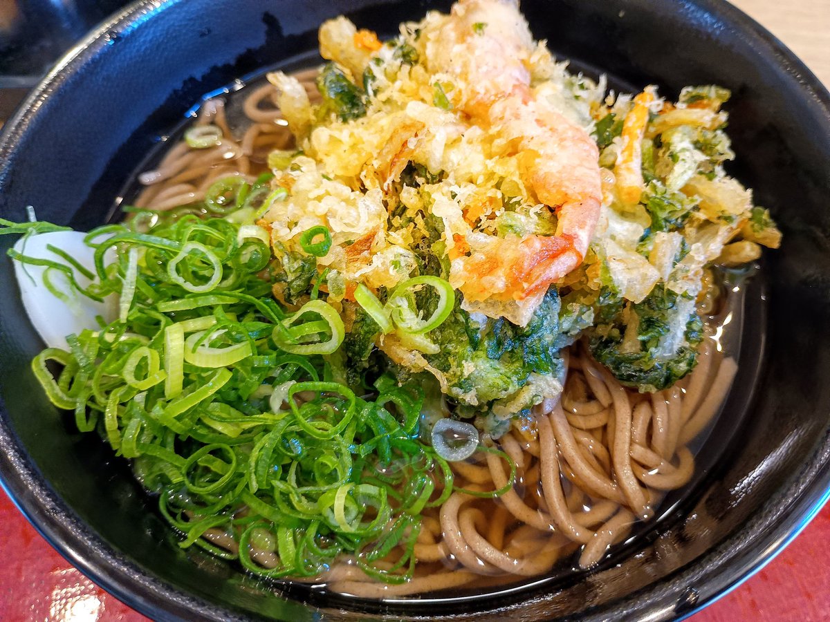 utamono's tweet photo. 立ち食いそば芸人。新大阪駅定番「麺屋」(東海道線上りホーム)。ここではきつね以外頼んだことなかったので、今回は初のかき揚げそば。なんと、エビの乗ったサクサク豪華なかき揚げが！お汁は関西風というより讃岐風なので、やはりうどんの方が合うかも…。とはいえ美味しい！ごちそうさまでした！ https://t.co/2KKbiMmRU8