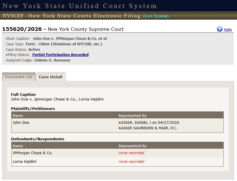 @nypost John Doe v. Jpmorgan Chase & Co., Lorna Hajdini Case #: 155620/ ...