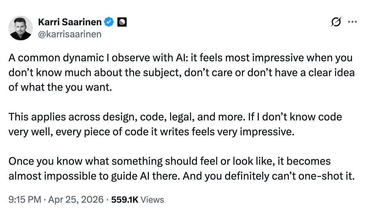 asinghal_7's tweet photo. This is the most accurate observation about AI I have seen this year. 

AI feels impressive when you do not know the subject deeply. 

The moment you do, you see every flaw.

In legal tech, we see this every single day. 

A junior associate thinks AI drafted a perfect contract. 

A General Counsel with 20 years of experience spots five problems in the first paragraph.

That is why enterprise legal teams are simultaneously the toughest and the most valuable users of AI. 

They demand precision that no generic model can deliver out of the box.

At Legistify, our best product improvements have come from experienced legal professionals telling us exactly where the AI fell short. 

Their feedback sharpened our system faster than any internal QA process ever could.
Building AI for domain experts requires deep domain knowledge on the builder's side. 

If you do not know what a great contract looks like, you will ship something that impresses outsiders and frustrates the people who actually use it.

If you are a legal professional who has tested AI tools and found them lacking, I would love to hear what fell short. 

DMs are open.