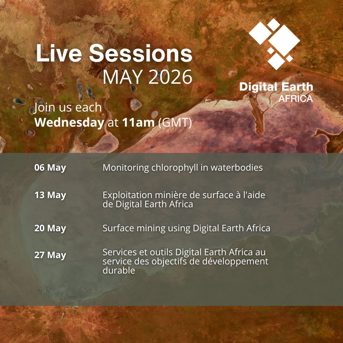 DEarthAfrica's tweet image. Join us LIVE for “Monitoring chlorophyll in waterbodies".

Learn how DE Africa's Sentinel-2 imagery detects the Normalised Difference Chlorophyll Index  on the surface of waterbodies. 

Register:bit.ly/4mT0ze9
6 May 2026 , 11 GMT 

#LiveSession #WaterQuality #Sentinel-2