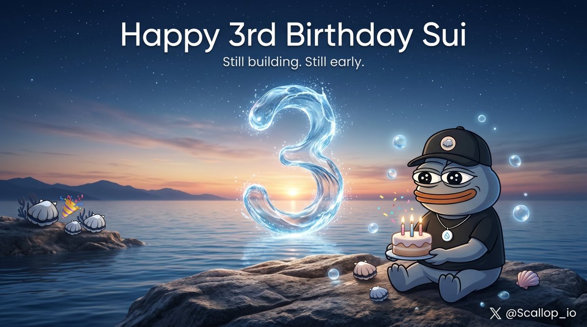 Scallop_io's tweet photo. Happy 3rd Birthday to @SuiNetwork!  

From the early days to today, Scallop is proud to keep building on Sui and pushing DeFi forward.  

The future is still early. 🐚 https://t.co/4ywO4wLBQk