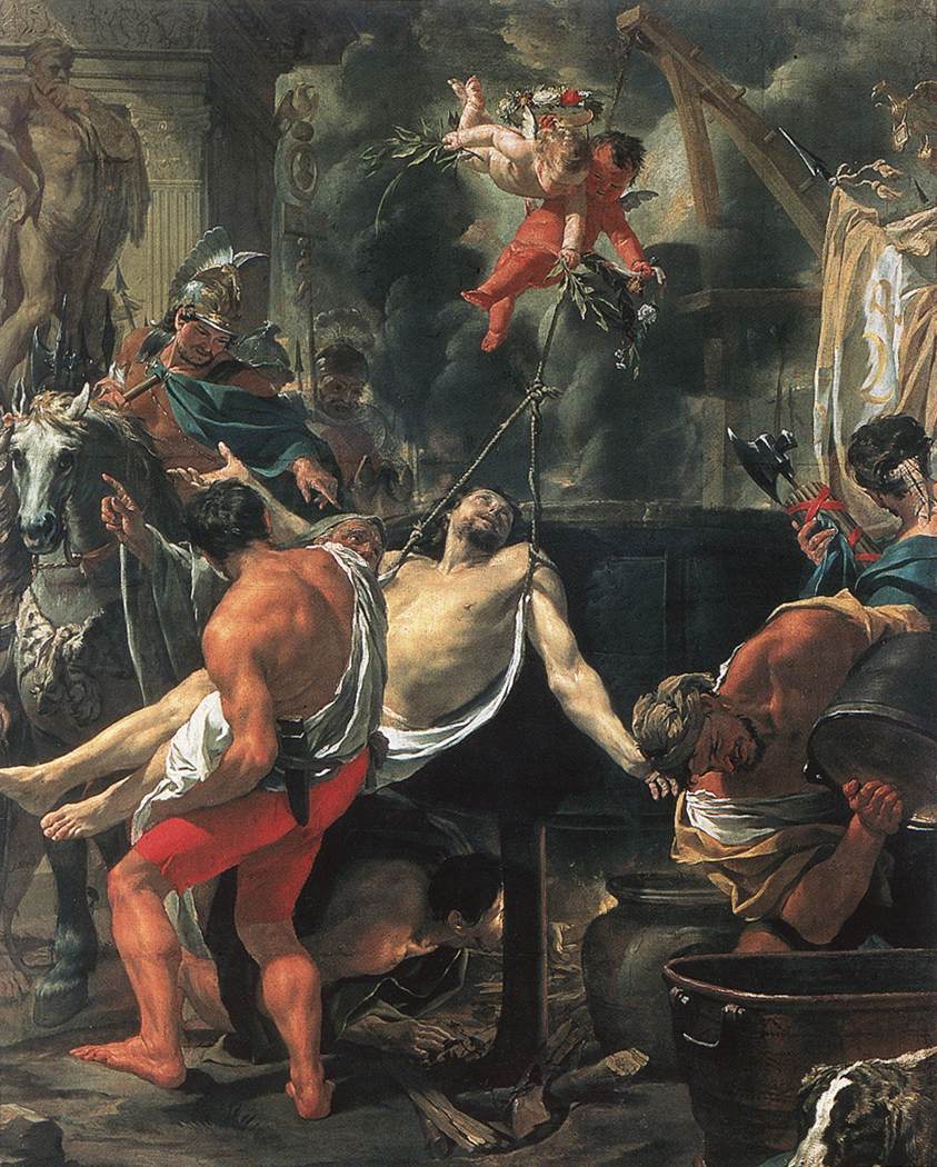A inicios del siglo II fallece San Juan, se cree que de viejo; el único de los 12 apóstoles que no murió como mártir. Pedro, Andrés y Felipe crucificados; Santiago el Mayor y Matías, decapitados; Tomás y Mateo apuñalados; Bartolomé y Simón...
Martirio de San Juan. Charles Le Brun