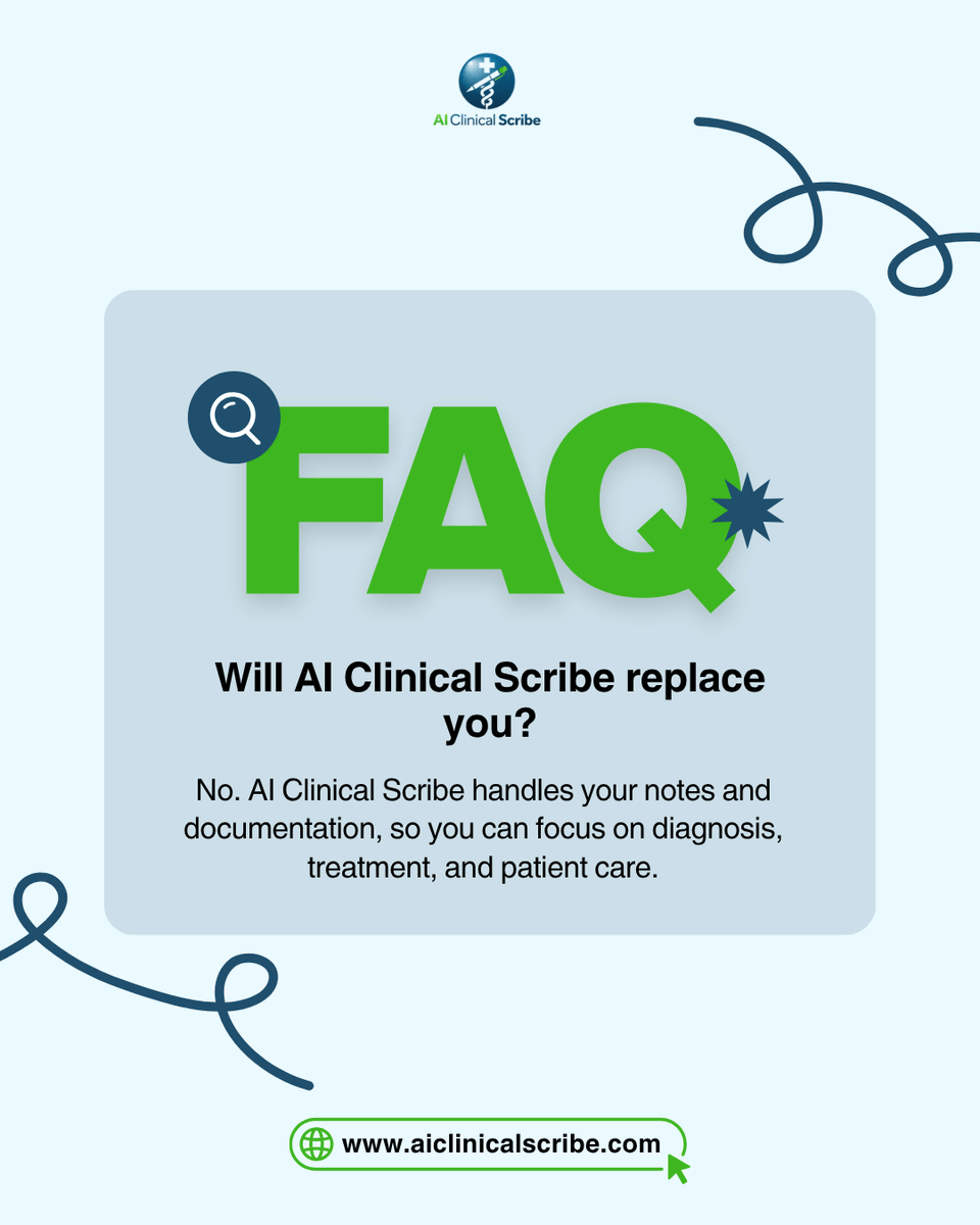 AICScribe's tweet photo. Will AI replace doctors?
Short answer: No.

AI Clinical Scribe is here to support you, not replace you. It takes care of documentation, so you can focus on what truly matters: diagnosis, treatment, and patient care.

#AI #HealthTech #Medtwt #ClinicalDocumentation #AIScribe #MedX https://t.co/0nB96DpREc