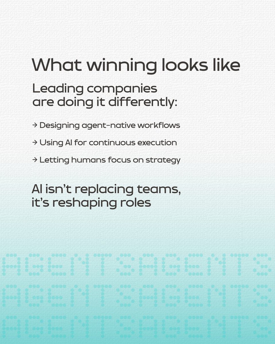 FS_Build's tweet image. A workforce that combines humans and AI agents, that's the goal.

But here’s the reality: Most companies are stuck in pilots.

The ones that win will not be the ones using AI. They’ll be the ones redesigning their systems around it.

#FounderSchool #Startups #Founders #Agents #AI