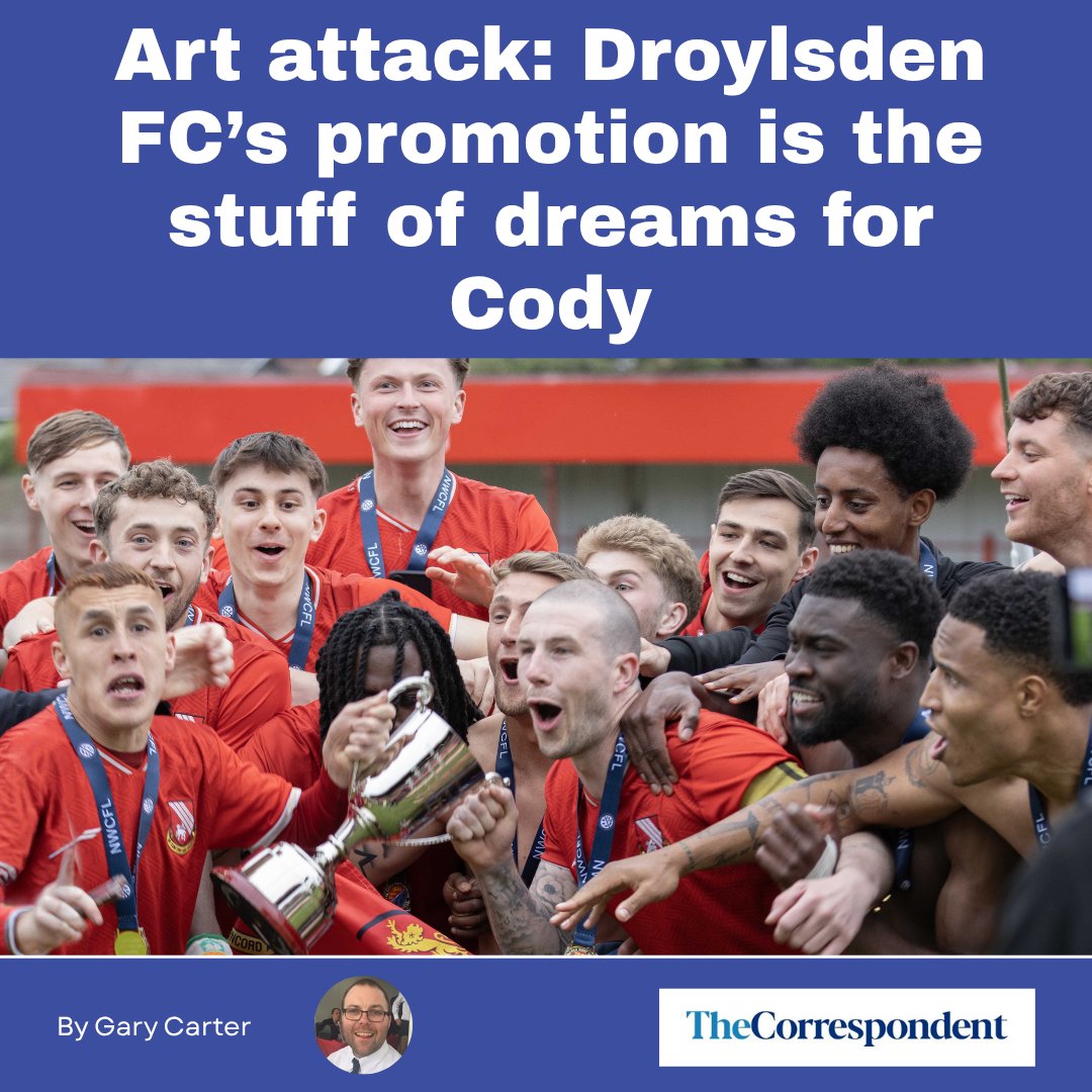 TamesideCorr's tweet photo. Cody Artwell has fulfilled a childhood dream by helping fire Droylsden to promotion glory.

The Bloods’ Butchers Arms ground may not compare to Manchester United’s Old Trafford or Wembley.

But try telling the striker, who thought he had scored the goal that would win promotion to the North West Counties League Premier Division, it is not somewhere special.

And try saying that to the child who walked past the stadium in awe at the noise.

Read more: https://t.co/FjmEU66AVl