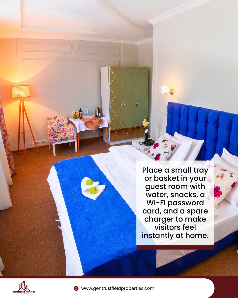 gentrustfield's tweet image. Thoughtful touches make all the difference. 🏡 Add a tray with water, snacks, and a Wi-Fi card to your guest room — small details that make visitors feel instantly at home. 

#TuesdayTip #GentrustfieldProperties #Hospitality #HomeDecor #Comfort