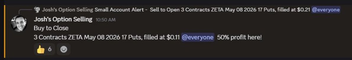 Joshtradeoptinx's tweet photo. 🚨 **50% PROFIT IN 1 HOUR** 🚨

Sold 3 contracts $ZETA May 08 2026 17 Puts @ $0.21

Bought them back @ $0.11

**~50% winner in ~60 minutes.**

This is exactly why I sell options instead of gambling on direction.

Who else wants these real-time small account alerts hitting their https://t.co/Rhnmn62mM0