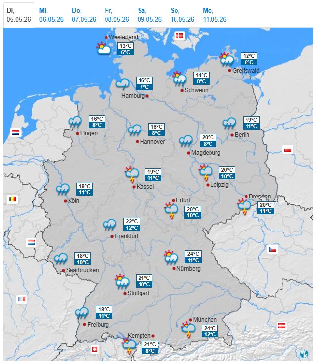 WetterKontor's tweet image. Heute im Südosten zunächst noch freundlich. Sonst viele Wolken und gebietsweise Regen. Später auch im Süden und Südosten Regengüsse und örtlich kräftige Gewitter. Von Ostfriesland bis zur schleswig-holsteinischen Ostseeküste trocken: wetterkontor.de/wetter-vorhers…

#Wetter #Deutschland