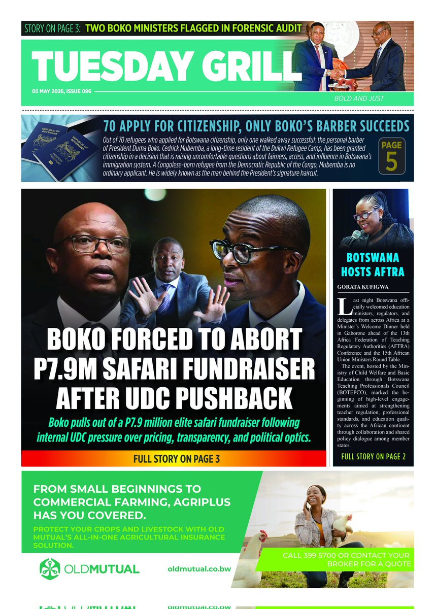 tuesdaygrillme's tweet photo. 🔥 TUESDAY GRILL | ISSUE 096
Boko aborts P7.9M safari fundraiser after UDC pushback
CEDA axes 154 Chema-Chema officers
Citizenship row sparks questions

👉 https://t.co/2NY5q8a4xy https://t.co/vpOPpYakFH