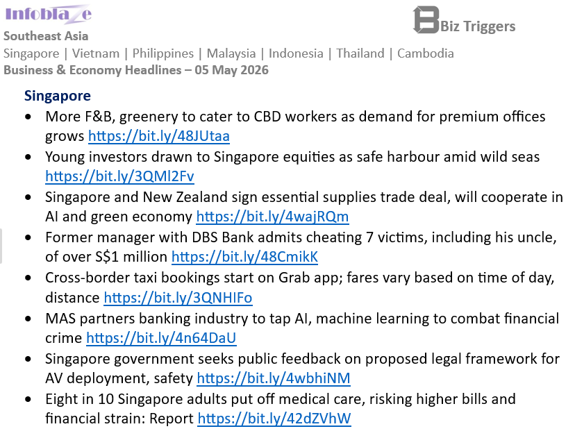 LetsTalkSG's tweet image. #Singapore Business &amp;amp; Economy Headlines
05 May 2026

#SoutheastAsia   Full report:  infoblaze.com/news/details/1…