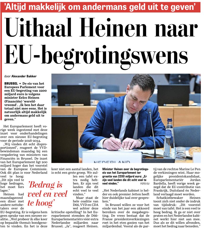“Het is natuurlijk makkelijk andermans geld uit te geven” aldus Minister Heinen van financiën. Dat klopt. 2200 miljard is het nieuwe begrotingsvoorstel van het EU-parlement. D66 stemde VOOR. Dit voorstel betekent meer dan een verdubbeling van het budget. En de macht. Van Brussel.