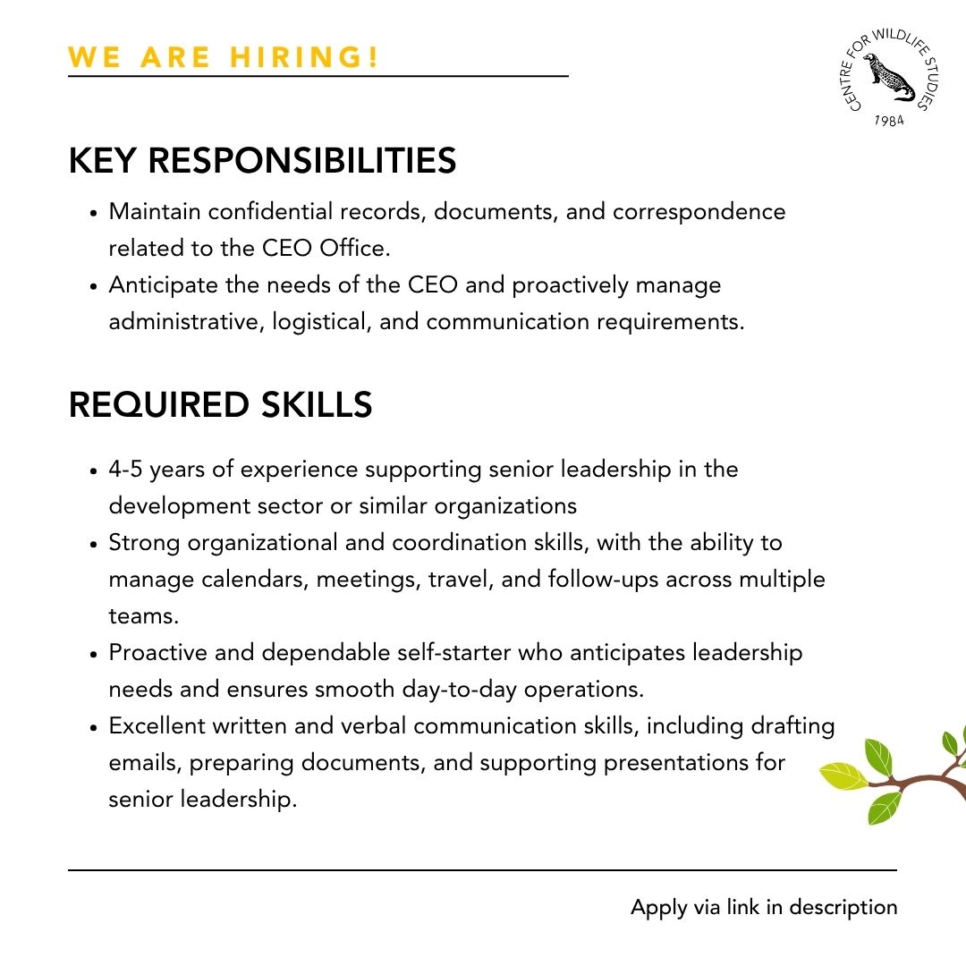 cwsindia's tweet image. The Centre for Wildlife Studies is hiring an Executive Assistant to the CEO. We are looking for a highly organized, proactive, and detail-oriented professional who can manage multiple responsibilities. Apply at cwsindia.org/careers/

#hiring #workwithwildlife #jobopportunity