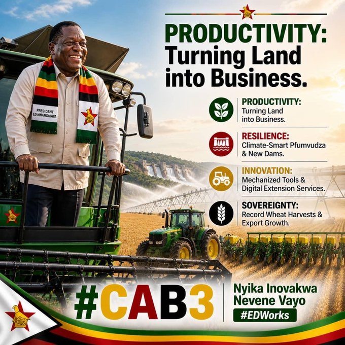 SimangalisoDub5's tweet photo. @edmnangagwa is steering #Zimbabwe toward a future of prosperity by focusing on productivity, resilience, innovation, and sovereignty. Through transforming land into vibrant businesses, promoting climate-smart farming initiatives like #Pfumvudza/#Intwasa and introducing modern mechanized tools alongside digital extension services, he is revolutionising agriculture. His dedication to #Zimbabwe’s sovereignty shines through record wheat harvests and impressive export growth. With his leadership, #Zimbabwe is forging a path toward economic success and self-sufficiency #Zimbabwe #PresidentMnangagwa #Prosperity #Innovation #Sovereignty @TendayiZinyama @ZANUPF_Official @zanupf_patriots @YLZANUPF1 @Tinoten53374277 @zimagristories
