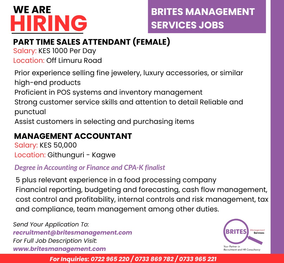 Brites_Services's tweet image. WE ARE HIRING:
To Apply: Send your application to recruitment@britesmanagement.com
For full job description, visit our job listing page on our website britesmanagement.com
#jobs #jobvacancy #jobseekers #jobskenya