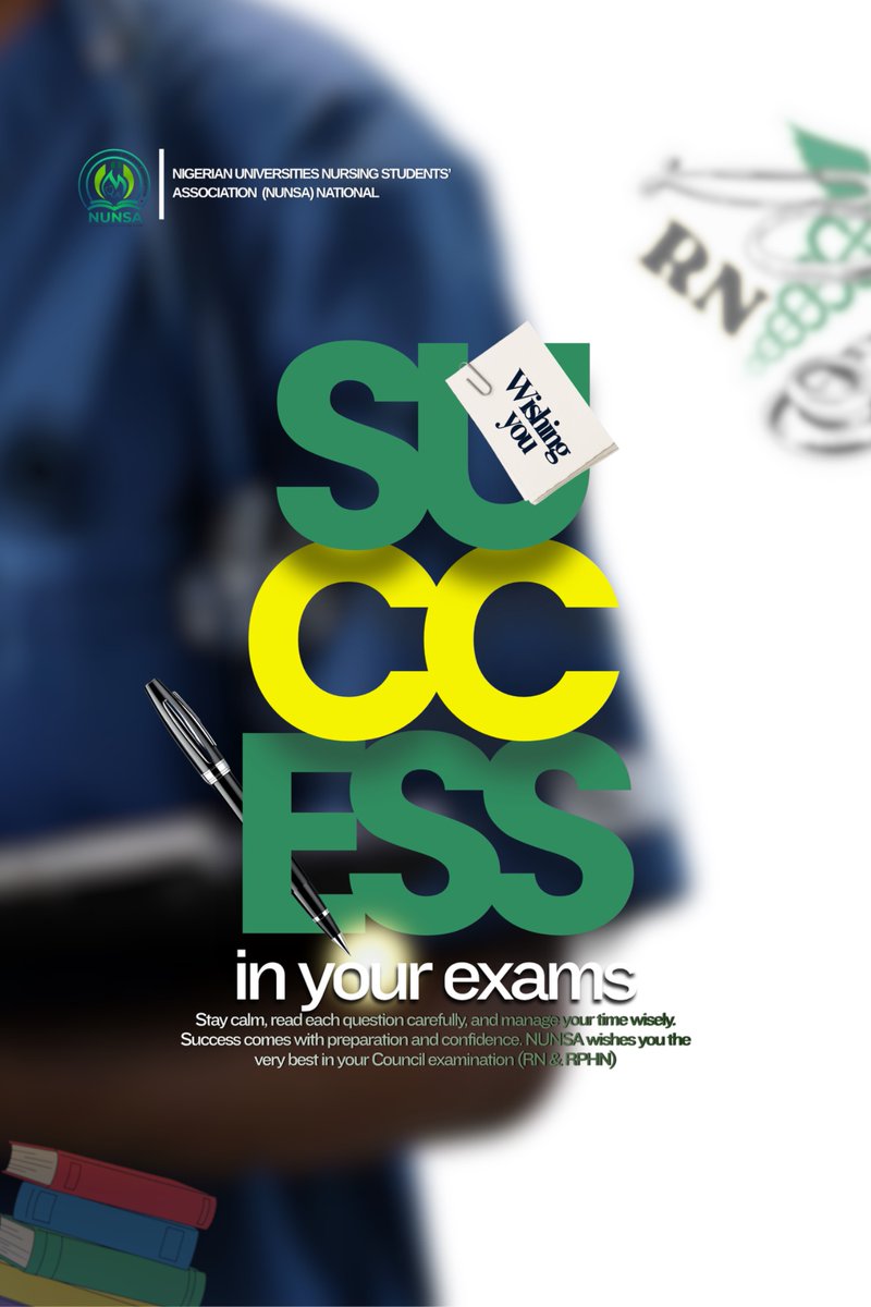 NunsaNational's tweet image. This is not just another exam prestigious titles are about to be added to your names. 🎓

Trust your training, stay calm, and step into the hall with congratulations. 
We wish every NUNSAite taking the RN and RPHN exams good success💫🤍

#RN #Nurse #nunsa