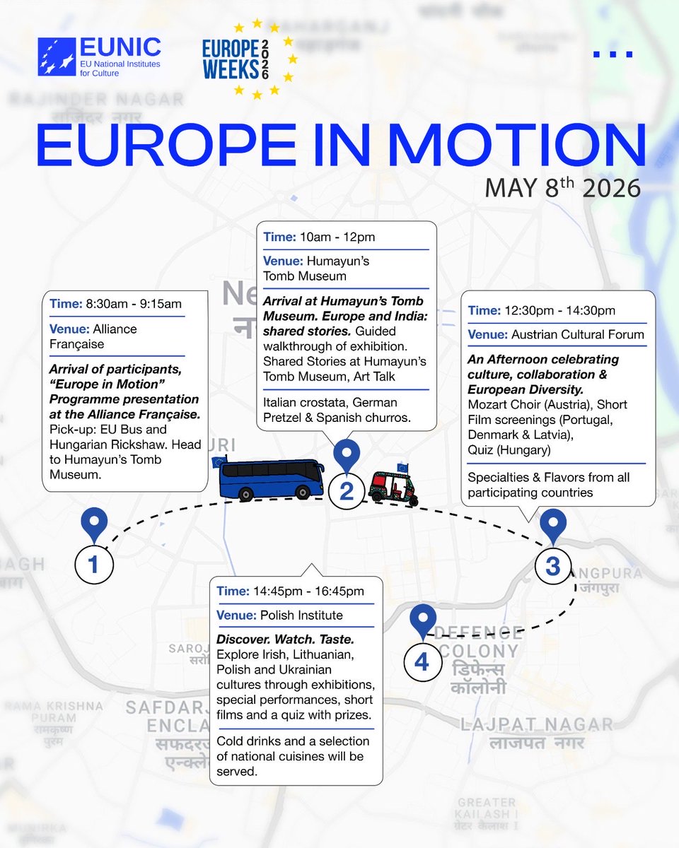 EUNIC_India's tweet photo. Celebrate the spirit of Europe Day with Europe in Motion on 8 May in New Delhi 🇪🇺

A day of museum walks, film screenings, live performances, cultural quizzes, and European flavours across iconic venues.

🎟️ Register now: Link in bio

#EuropeInMotion #EuropeWeeks2026 #DelhiEvents https://t.co/ouVgGw8r5P