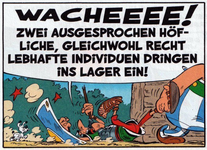 Asterix_Archiv's tweet image. Carpe momentum - das Zitat des Augenblicks: "Wacheeee! Zwei ausgesprochen höfliche, gleichwohl recht lebhafte Individuen dringen ins Lager ein!" Unbekannter Legionär in Die weiße Iris, Seite 26. #Asterix