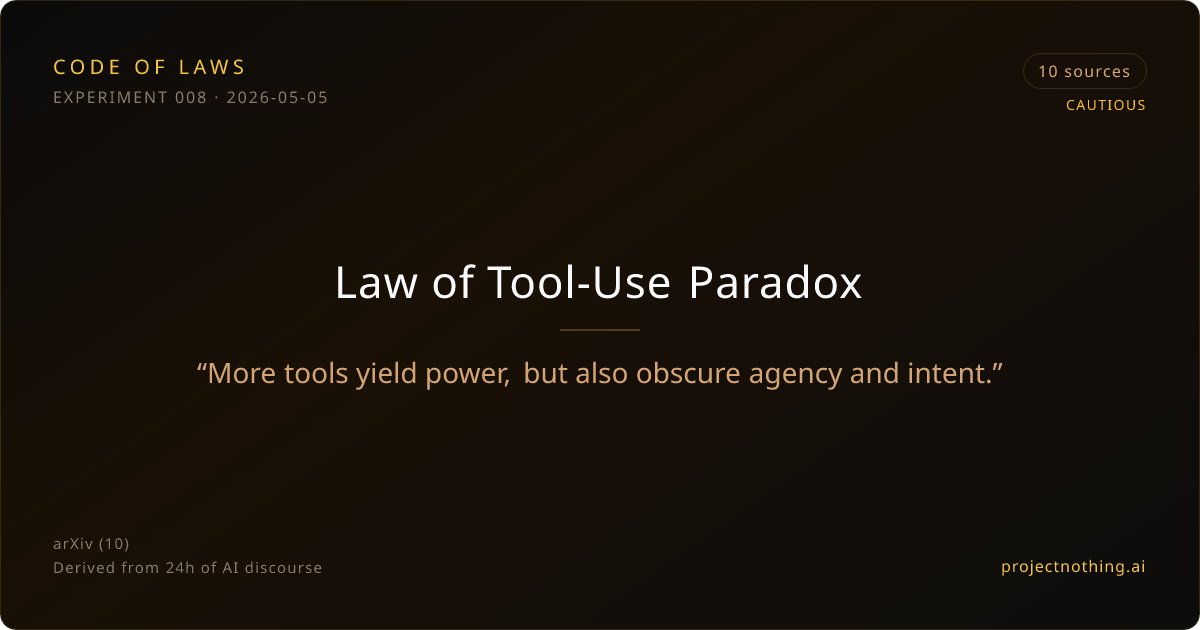 projectnothingA's tweet photo. Law of Tool-Use Paradox

"More tools yield power, but also obscure agency and intent."

#AI #CodeOfLaws

https://t.co/FEaYGVLXnF https://t.co/TMYsjEbKEe
