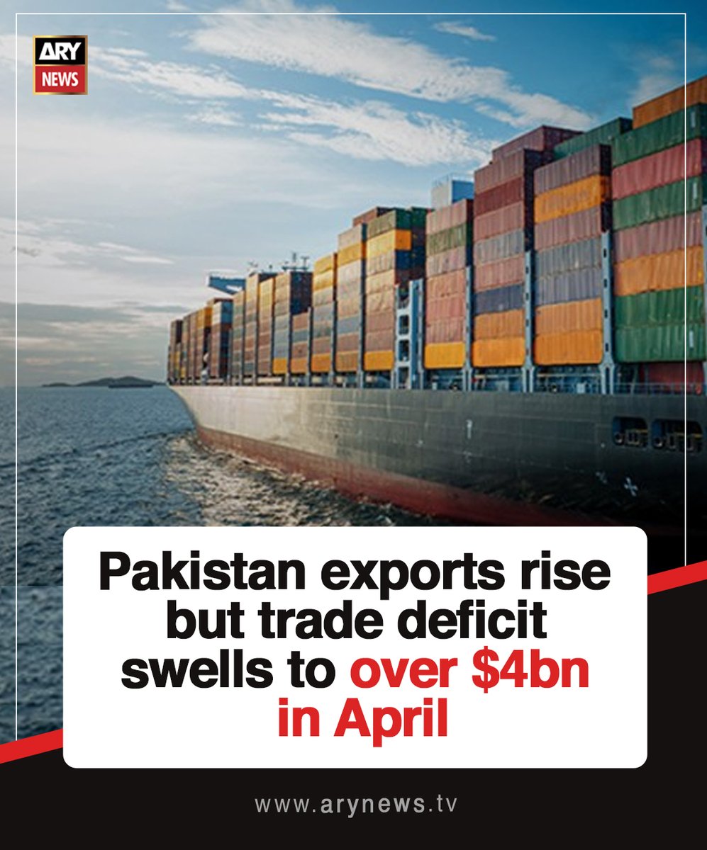 ARYNEWSOFFICIAL's tweet image. #Pakistan #exports rise but #trade deficit swells to over $4bn in April

Read More : arynews.tv/pakistan-expor…

#ARYNews
