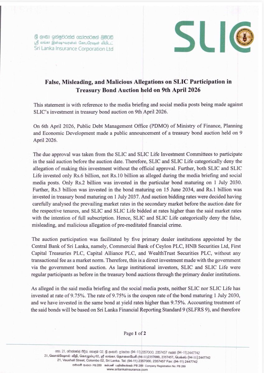 yasasrij's tweet photo. SLIC has issued a press release claiming it’s a "Primary Market" transaction.But even auctions can be rigged with enough firepower.
The real concern ? Conflict of interest. INVESTIGATE! 🇱🇰
@CBSL @CSE_Media #LKR #SLIC https://t.co/Trk9ljOt4W