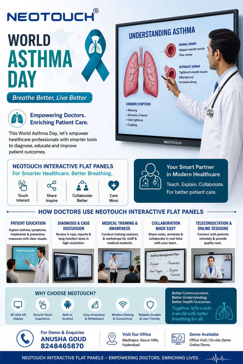 thotakurianusha's tweet image. Breathing is life — and better care begins with better understanding.
#Neotouch #WorldAsthmaDay #HealthcareInnovation #DigitalHealthcare #MedTech #Neotouch #SmartHospitals #PatientCare #InteractiveTechnology
📍 Demo available – Online / On-site
📞 Anusha Goud – 8248465870