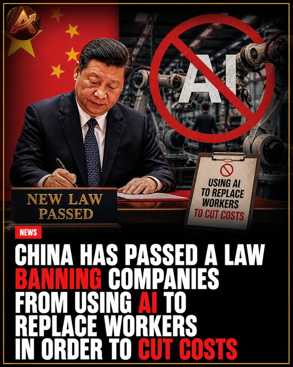 PixelThroneX's tweet photo. China Passes Historic Law Banning AI Worker Replacements for Cost-Cutting
In a massive shift for labor and technology regulations, China has officially passed a new law banning companies from utilizing Artificial Intelligence to replace human workers simply to cut operational costs. This landmark legislation aims to protect jobs and regulate the rapid integration of AI in the manufacturing and corporate workforce.

#AINews #ArtificialIntelligence #TechLaw #ChinaTech #TechNews #FutureOfWork #LaborLaws #Technology #AI #GlobalNews