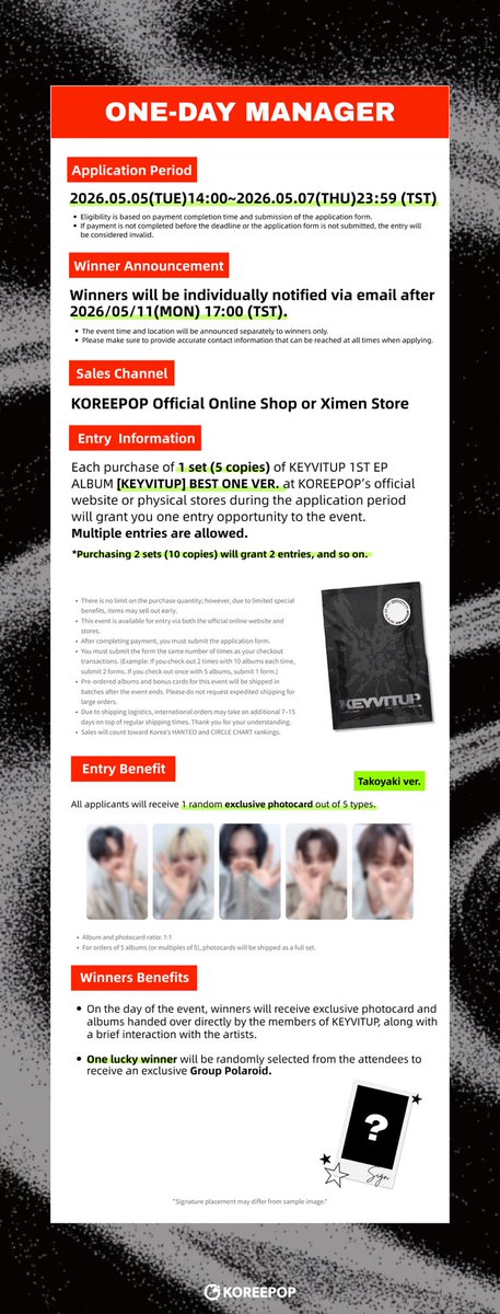 KOREEPOP_EVENT's tweet photo. KEYVITUP 1st EP ALBUM
ONE-DAY MANAGER EVENT & SPECIAL PHOTO EVENT in Taipei

🩶EVENT PERIOD：2026/05/23 (SAT) 19:00(TST)
▪️ENTRY PERIOD：2026.05.05(TUE)14:00 ~ 2026.05.07(THU) 23:59 (TST)
▪️Winner Announcement：2026.05.11 (MON)17:00 (TST)  winners will be notified individually
▪️Applicant Benefits: Exclusive unreleased selfie photocard
📍Sales Channel：KOREEPOP Official Online Shop or Ximen Store
ONE-DAY MANAGER EVENT:https://t.co/kYxZIwq5Ff
POLAROID PHOTO EVENT:https://t.co/5ICJpo4gCa