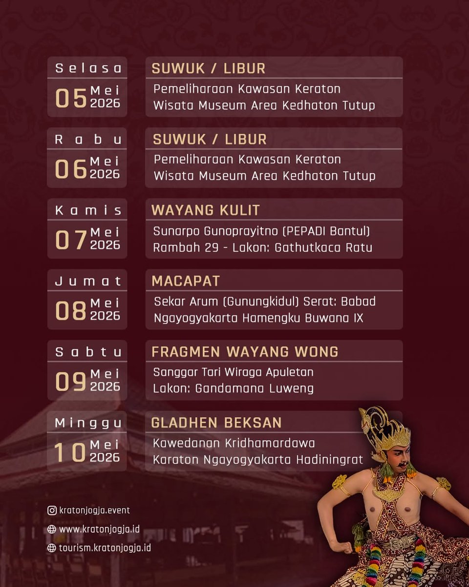 visiting_jogja's tweet photo. Srimanganti Performance Schedule is here! 🎭✨
Catch traditional shows and feel the cultural vibes of Jogja 💫
スリマンガンティ公演スケジュール公開!🎭
ジョグジャの伝統文化を楽しもう✨
#VisitJogja #EventJogja https://t.co/6QkeExmrPV