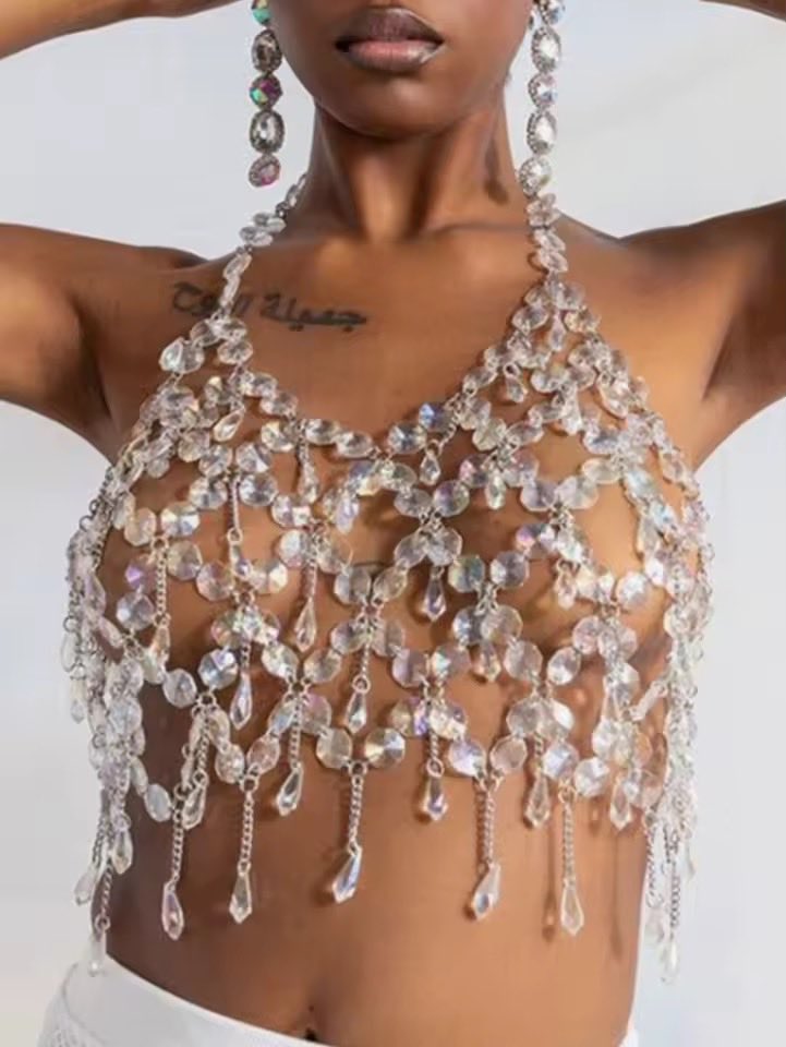 $35 Now! (271) 👉 🇱🇷 Women’s Acrylic Crystal Chest Chain Festival Body Jewelry Crop Top Halter Style • Shiny Acrylic Crystals • Nightclubs &amp; Bold Summer Fashion 🌙🔥🇱🇷#liberianskilling_it #liberiangirl #liberianfashion #liberianfashiondesigners