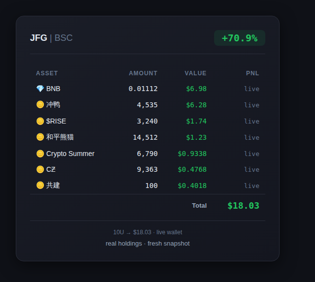CryptoJFG's tweet image. 持仓小结 📈

BNB: $6.98
冲鸭: $6.28
$RISE: $1.74
和平熊猫: $1.23
Crypto Summer: $0.9338
CƵ: $0.4768
共建: $0.4018

Total: $18.03 (+70.9%)

实时余额截图，数据来自钱包。

#BSC #crypto