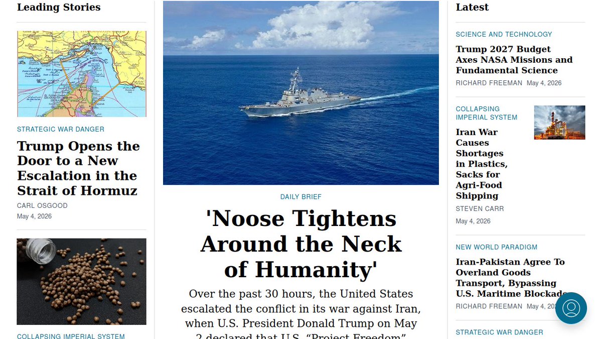 ZeppLaRouche's tweet photo. https://t.co/EKfWwLWC9N
The Lead
'Noose Tightens Around the Neck of Humanity'

by Marcia Merry Baker (EIRNS) — May. 04, 2026

Over the past 30 hours, the United States escalated the conflict in its war against Iran, when U.S. President Donald Trump on May 2 declared that U.S. “Project Freedom” would begin today, for the U.S. military to control transit through the Strait of Hormuz. The U.S. CentCom statement declared that the U.S. Navy will provide “guidance” for ships’ passage, and oppose Iranian interference with force. CentCom reported U. S. forces include “guided-missile destroyers, over 100 land and sea-based aircraft, multi-domain unmanned platforms, and 15,000 service members.” There may be a Pentagon briefing on the situation Tuesday, May 5.

A statement from Iran was issued early on May 4 by Iranian Major General Ali Abdollahi, reaffirming the right of Iran to control its waters, and posting a map showing the line across the Persian Gulf above and below the Strait of Hormuz, inside which Iran declares its sovereignty to control transit.

As of this evening reports continue to come out, sometimes conflicting, of warning shots, damage to ships, and the U.S. claim to have sunk six small Iran boats. It is reported that officials from Iran and Oman will be conferring imminently, as the two littoral nations that have worked together for decades on safe navigation. Meantime, the U.A.E. is caught in the middle of the conflict. The UN has a navigation corridor scheme on standby, worked out by a multi-agency taskforce commissioned in mid-March, including the International Maritime Organization. Their goals include providing exodus for the 200 vessels and 20,000 seamen trapped for weeks in the blockade, and also expediting vital flows of commodities and humanitarian cargo.

However, the Trump Administration opposes the principle of international law of the United Nations. The U.S. and Israel continue unilateral action, not only in the Gulf region, but also Israel is striking Lebanon and Gaza hard. Today, Trump posted on social media that Iran will be “blown off the face of the Earth,” if it targets U.S. ships in the Strait. U.S. Ambassador to the UN Mike Waltz announced he will prepare a UN Security Council resolution, along with the U.A.E., against Iran. Waltz last week called for other nations to join the U.S.-led “Maritime Freedom Construct.”

All the while, the worldwide economic shocks grow by the hour, given the shutdown of vital flows of oil, gas, naphtha, fertilizers, sulphur and other commodities through the Gulf. A grim warning was given of the life-and-death implications for food was given by Svein Tore Holsether, CEO of Yara International, the world’s biggest fertilizer company, based in Norway, who said April 30 that he foresees a scenario of a “global auction” of fertilizer coming into being, where fertilizer goes to the highest bidder and the poor lose out. Yara operates in 60 countries, and sells in dozens more; its fertilizer prices to farmers are up 80% since March.

Helga Zepp-LaRouche, Schiller Institute leader, used the analogy of “the noose tightening around the neck of humanity” to describe the consequences of allowing all this to continue. To further decisive action to stop the madness, this news service will sponsor its fourth international (online) roundtable this year, of experts conferring on the emergency situation, to mobilize forces to intervene. The date is tentatively set for Friday, May 15, to be conducted concurrently with the weekly International Peace Coalition. An invitation in multiple languages is forthcoming.

Provocations abound. Today a high-rise apartment building in Moscow was hit by Ukraine attack drones, with the obvious implication of targeting the person of President Vladimir Putin. Moreover, the strike took place only days before Russia’s May 9 observance of the 81st anniversary of Victory in the Great Patriotic War. The drone attack took place as the eighth summit of the European Political Community of some 48 nations, plus EU and NATO leaders, in Yerevan, Armenia discussed new multibillion-dollar funding for Kiev to keep the Ukraine proxy war against Russia going. This grouping was initiated by French President Emmanuel Macron and U.K. Prime Minister Keir Starmer.

There are forces in motion for diplomacy and intervention to stop this warfare. One important focus this month is May 26, when China, rotating President of the UN Security Council for May, will hold a special UNSC open debate at the ministerial level on “Upholding the Purposes and Principles of the UN Charter and Strengthening the UN-Centered International System.” Chinese Foreign Minister Wang Yi will chair the discussion, and more than the 15 member nations of the UNSC are likely to participate.

This is the direction to take, without delay. Zepp-LaRouche called on everyone to support this initiative for humanity. She warned today that we are in “a period of heightened military tension and danger. Something can go awfully wrong at any moment.”