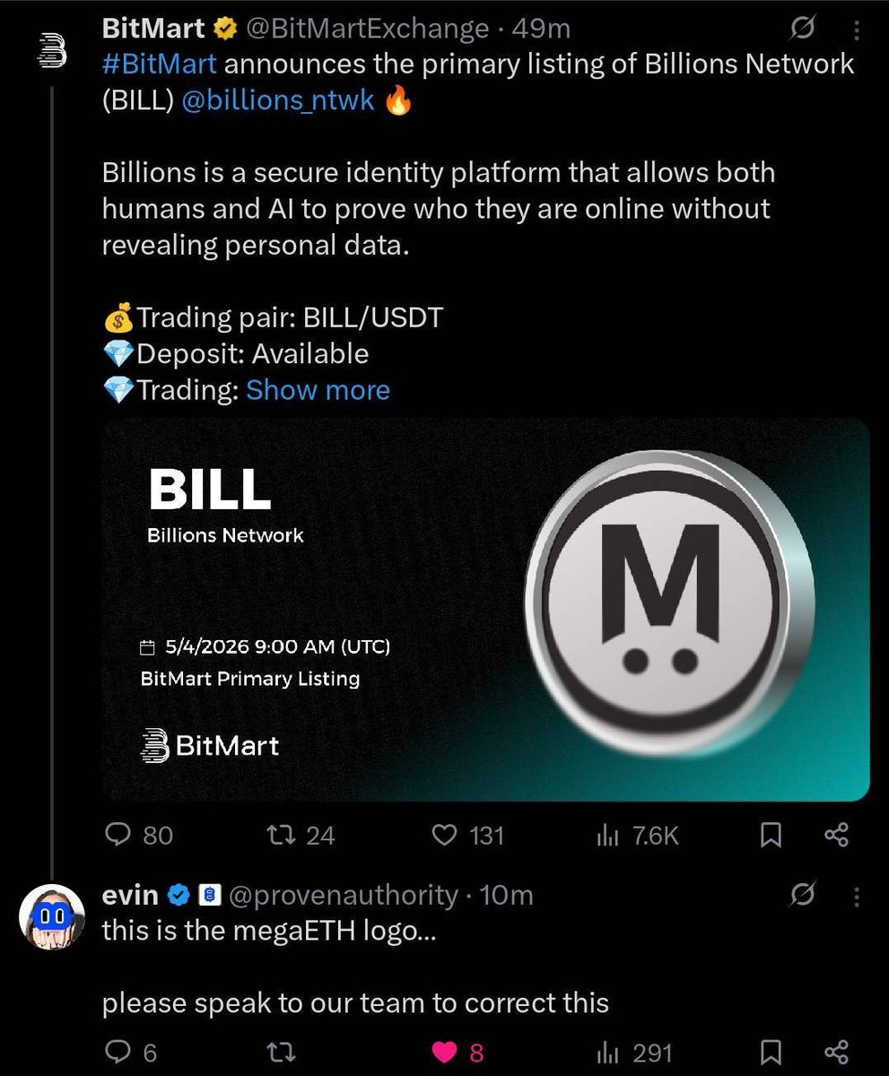 ZynkOnchain's tweet photo. Just imagine how casual they are 😂😂

Attention to detail: optional.
Community effort: mandatory.

@BitMartExchange hey, you guys are running a global CEX and thaat much casual? 
Or you don't even take @billions_ntwk  seriously?😁

Meanwhile @megaeth got free promotion 😅