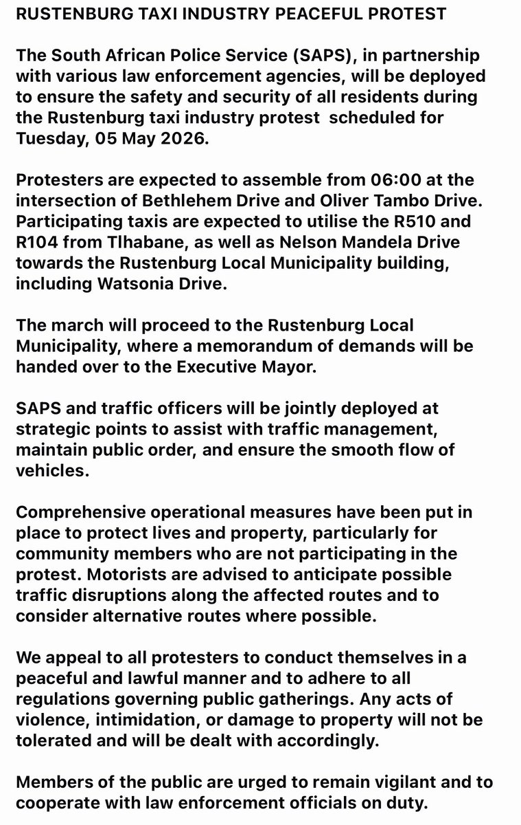 morapeditj's tweet photo. 🚨🚨🚨🚨🚨🚨🚨

@LeboPhokela @ThabisoTema @Powerfm987 @Power987Traffic @POWER987News.

Good morning Power Breakfast team. Please share this important notice. Thank you. https://t.co/rF1LyU6mRc