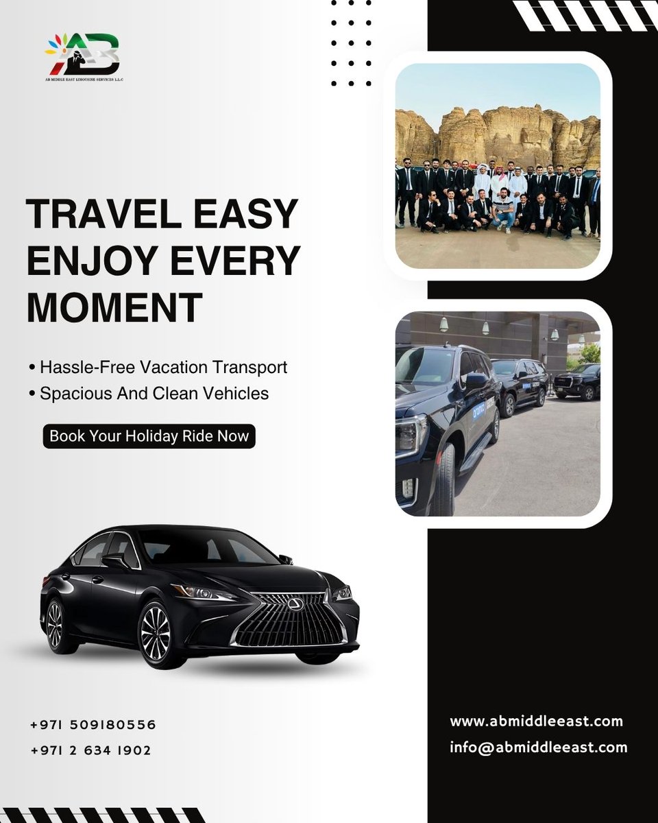 abmiddleeast's tweet image. Travel stress-free with AB Middle east—enjoy hassle-free vacation transport, spacious clean vehicles, and reliable service for every trip. Make every moment memorable and comfortable.
abmiddleeast.com

#TravelEasy #ABMiddleEast #HolidayTransport #ComfortTravel #LuxuryRide