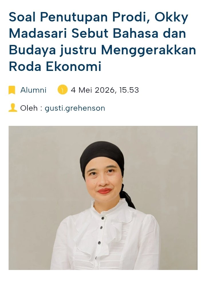 ada narasi opini yang menarik, dr bu <a href="/okkymadasari/">Okky Madasari</a> terbit di laman ugm 04/05/26 

saya cube untuk rangkumken.
salam presisi
bersama rakyat ABRI kuat.

Jadi <a href="/okkymadasari/">Okky Madasari</a> secara tegas menolak wacana penutupan program studi humaniora seperti Sastra, Sejarah, dan Antropolohi karena