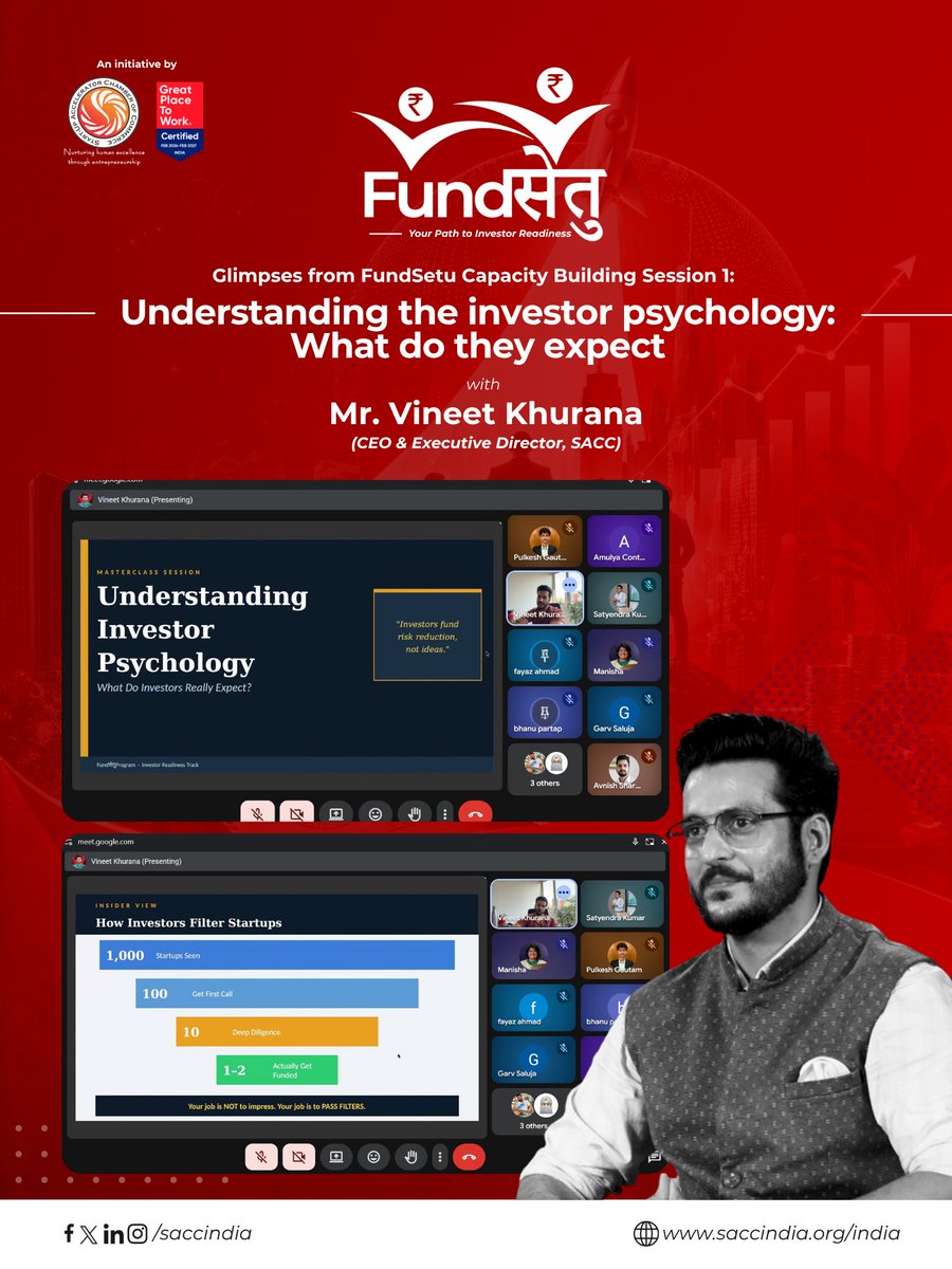 saccindia's tweet image. #FundSetu began with one question - what goes on in an investor’s mind? 🤔

In the first session, #founders explored how investors evaluate #opportunities. Mr. Vineet Khurana (SACC) shared practical insights on patterns, gaps and decision-making.
A strong start, more ahead.