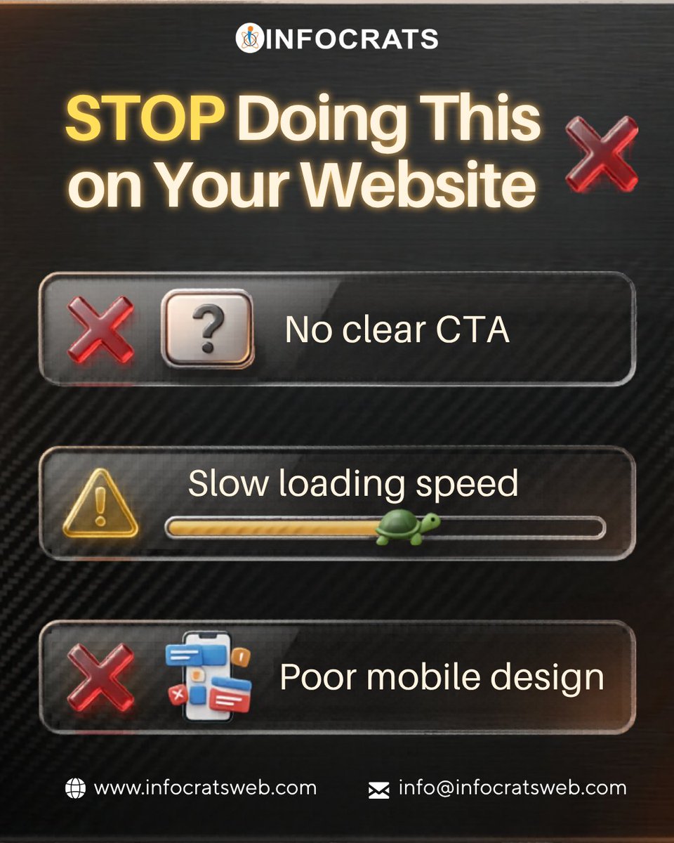 INFOCRATSweb's tweet photo. You might be driving traffic…but are you actually turning visitors into clients?

No clear CTA = confusion
Slow speed = drop-offs
Bad mobile UX = lost revenue

If your website isn’t converting, it’s not working.
Contact- https://t.co/FHBG0eNEl5

#WebsiteOptimization #Infocrats https://t.co/eEpEE5SDaR